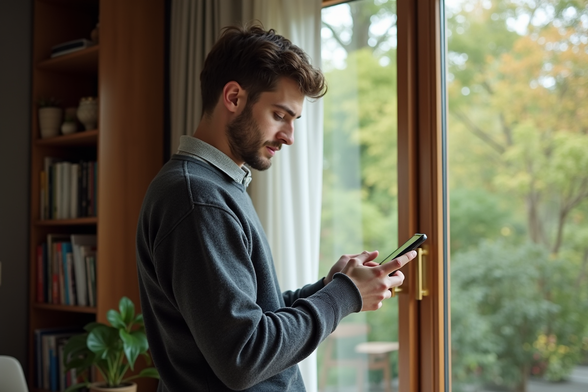 Jeune homme dans un bureau à domicile utilisant un smartphone