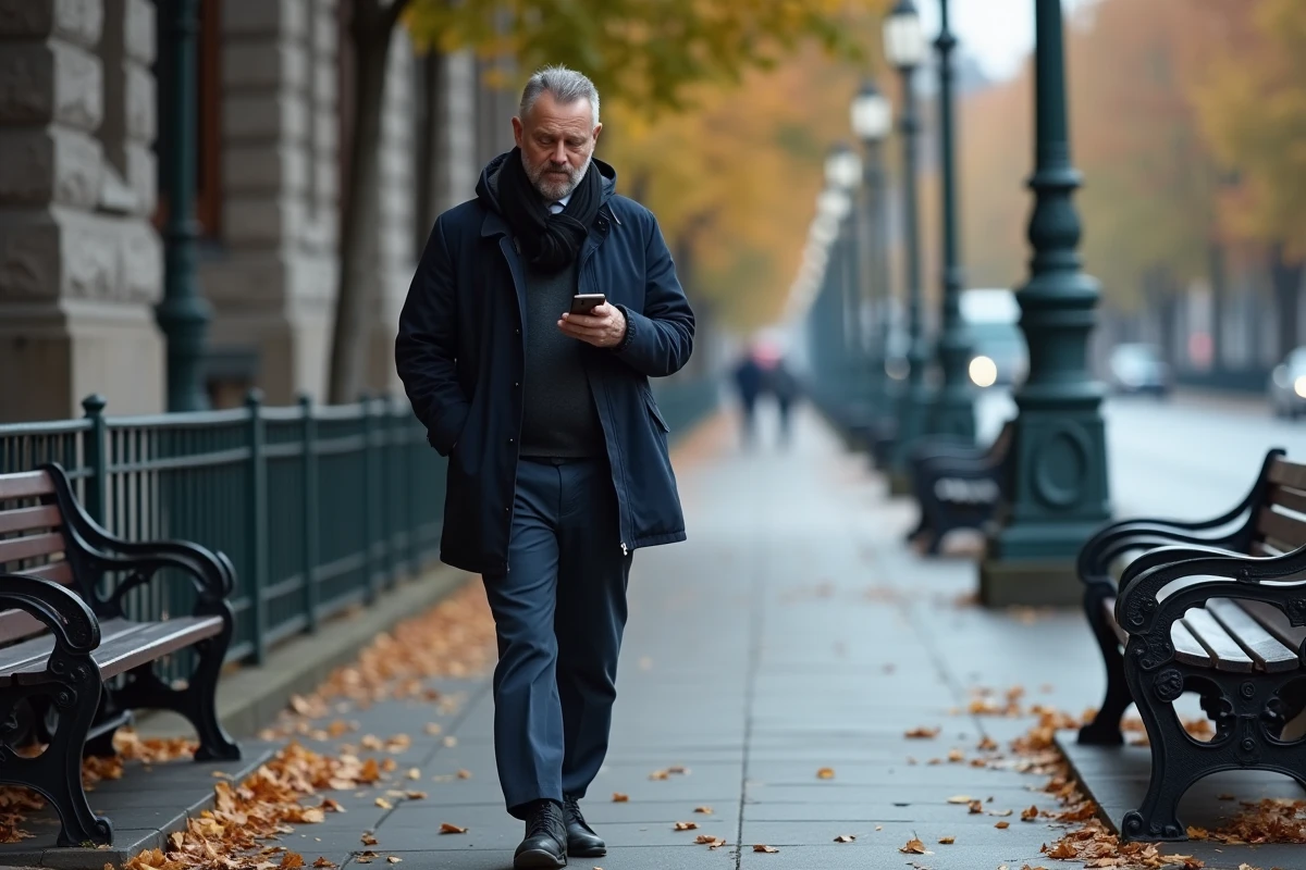 Homme marche seul dans une rue urbaine en automne