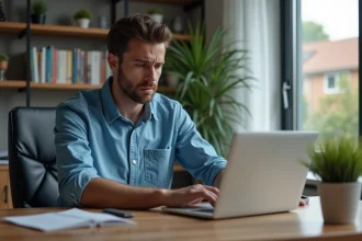 Jeune homme concentré devant son ordinateur dans un bureau moderne