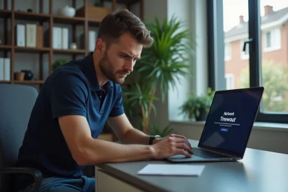 Homme concentré devant un ordinateur avec message de timeout réseau