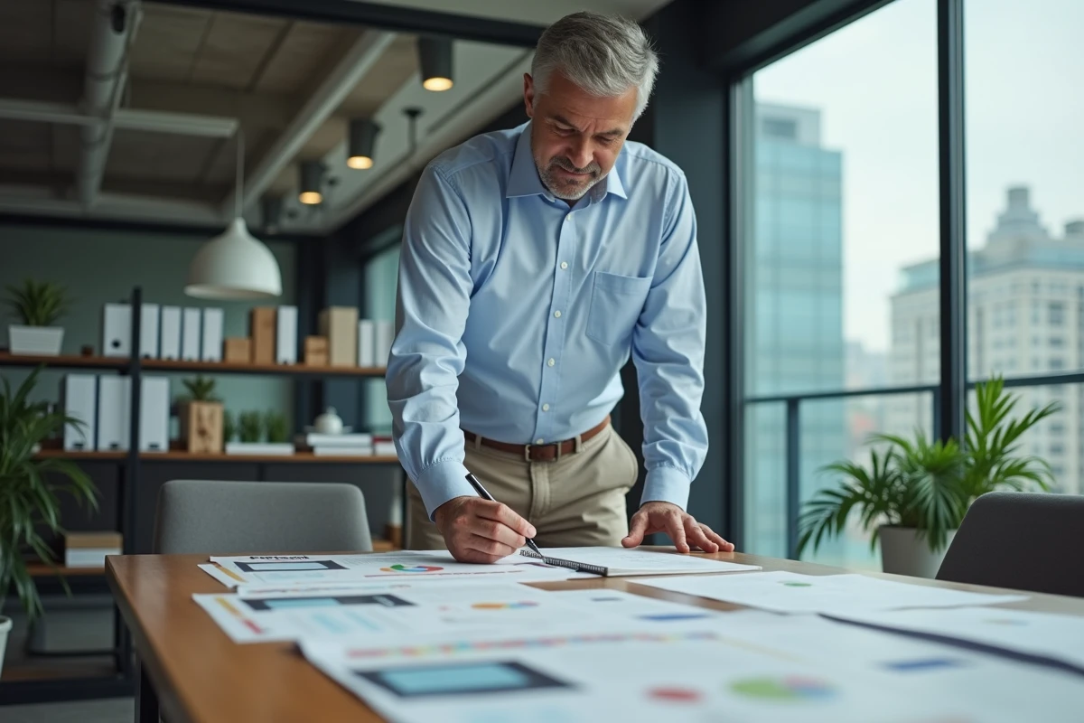 Homme organisant des flyers dans un espace de travail lumineux