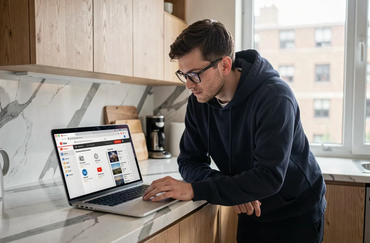 Homme utilisant un outil de conversion YouTube MP3 sur un ordinateur portable dans une cuisine moderne