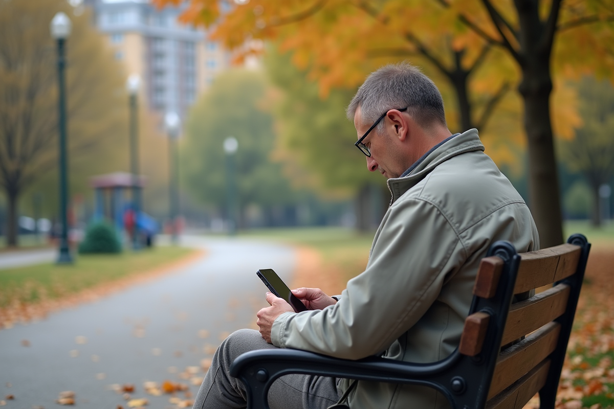 Homme lisant sur un banc dans un parc en automne