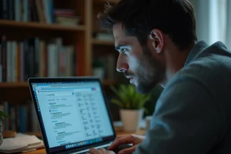 Homme cherchant l'origine d'un site web mystérieux apparaissant partout dans les résultats de recherche