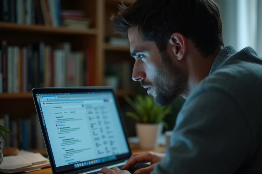 Homme cherchant l'origine d'un site web mystérieux apparaissant partout dans les résultats de recherche
