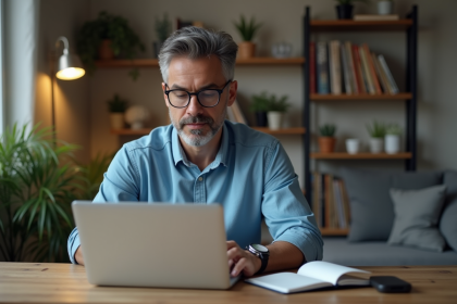 Homme concentré vérifiant la sécurité WiFi sur son ordinateur à la maison