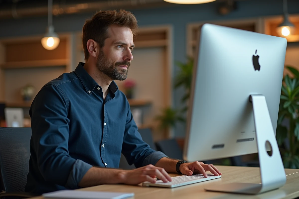 Homme appuyant sur la touche Shift du clavier Mac dans un espace de coworking moderne