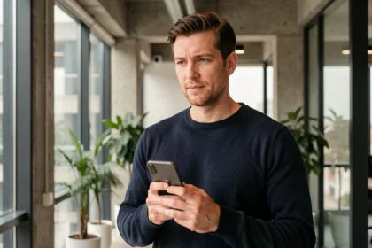 Homme tenant un smartphone Android moderne consultant un comparatif de forfaits 5G en 2026