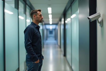 Homme inquiet dans un couloir d'entreprise surveille une caméra