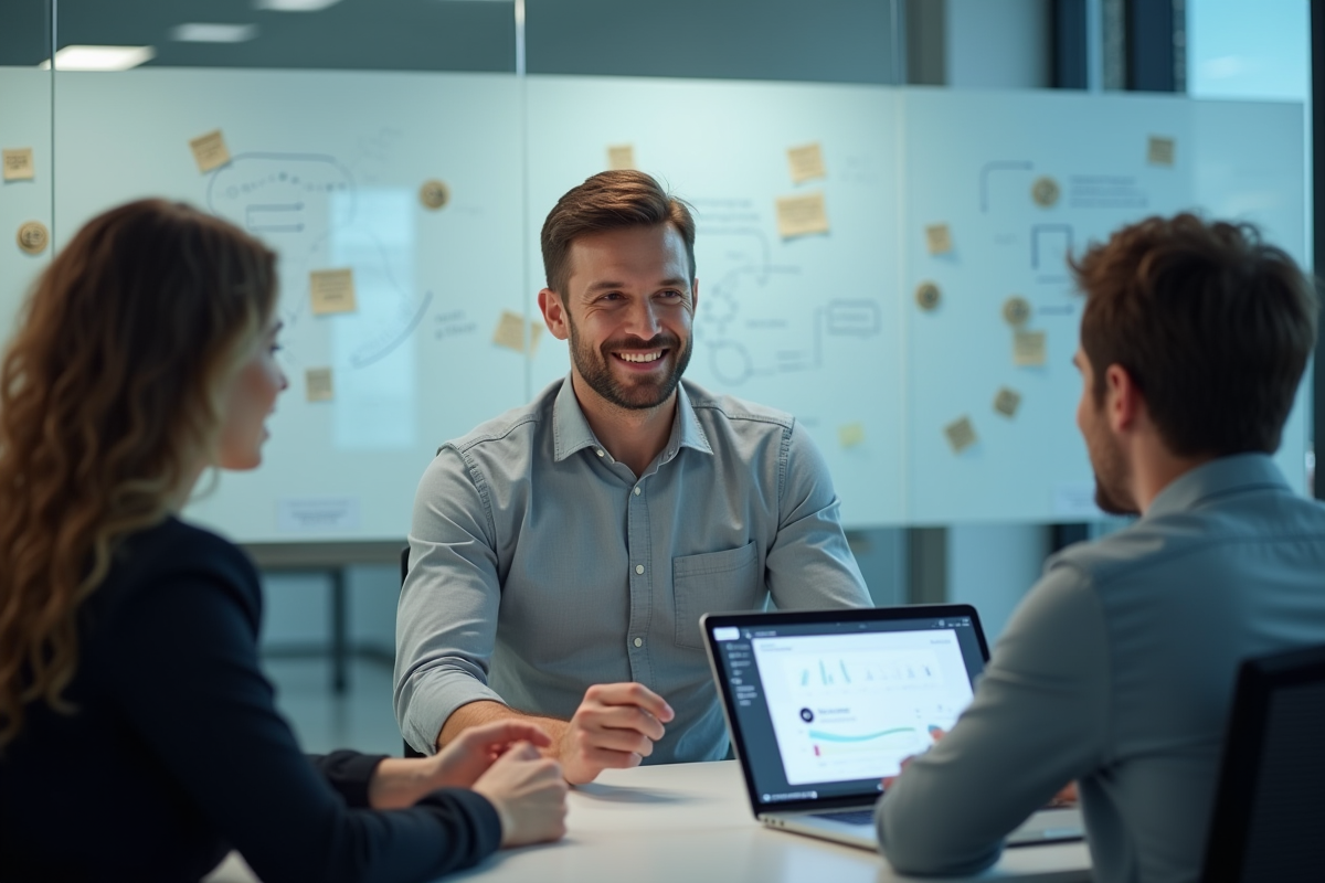 Homme spécialiste tech montrant un tableau de bord chatbot