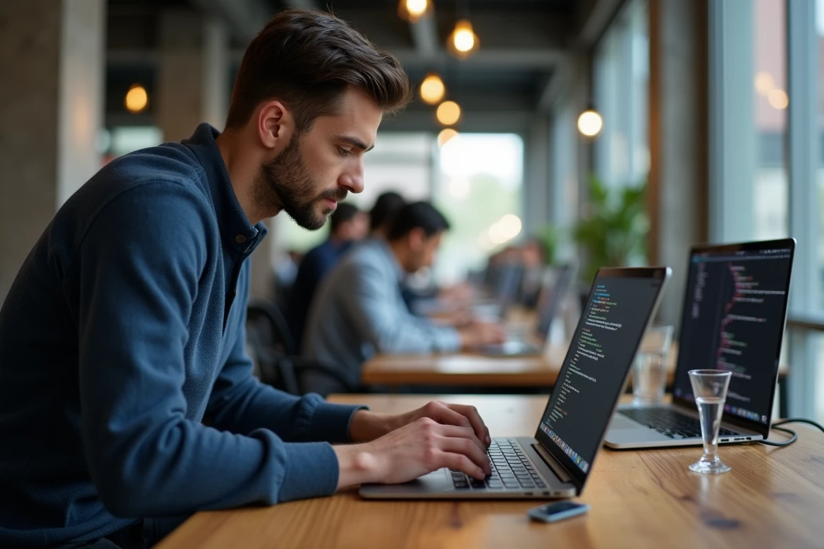 Homme tapant des commandes Terminal sur MacBook Pro pour vider le cache système après une mise à jour macOS dans un espace de coworking