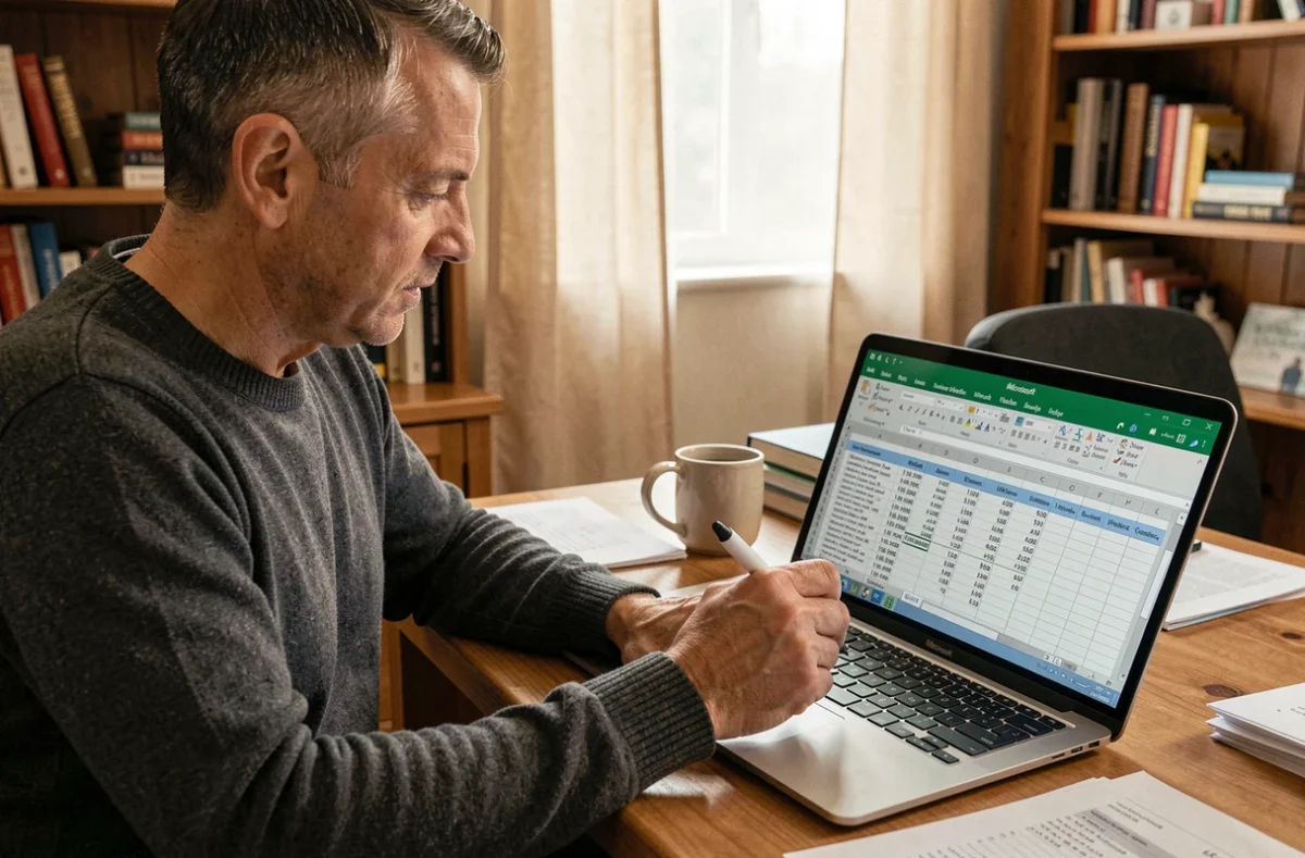 Homme travaillant depuis chez lui sur des formules Excel avec références relatives et absolues sur un ordinateur portable