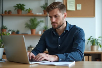 Homme concentr&eacute; sur son ordinateur dans un bureau cosy