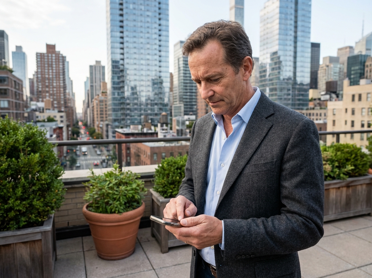 Homme regardant son smartphone sur un toit urbain