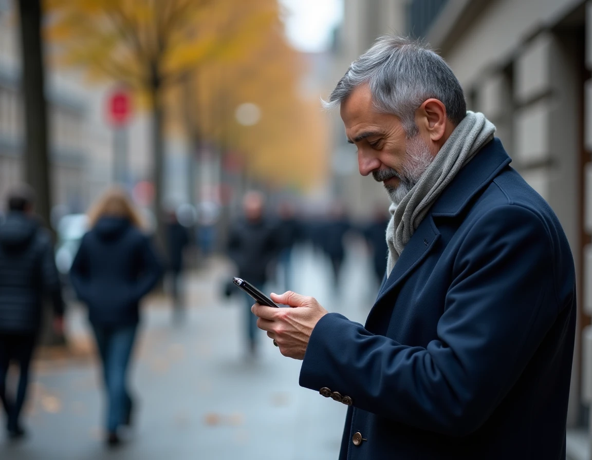 Homme lisant ses emails Nantes sur iPhone en pleine rue en automne