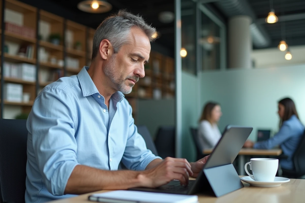 Homme d'affaires consultant Webmelanie2 sur tablette dans un bureau en open space