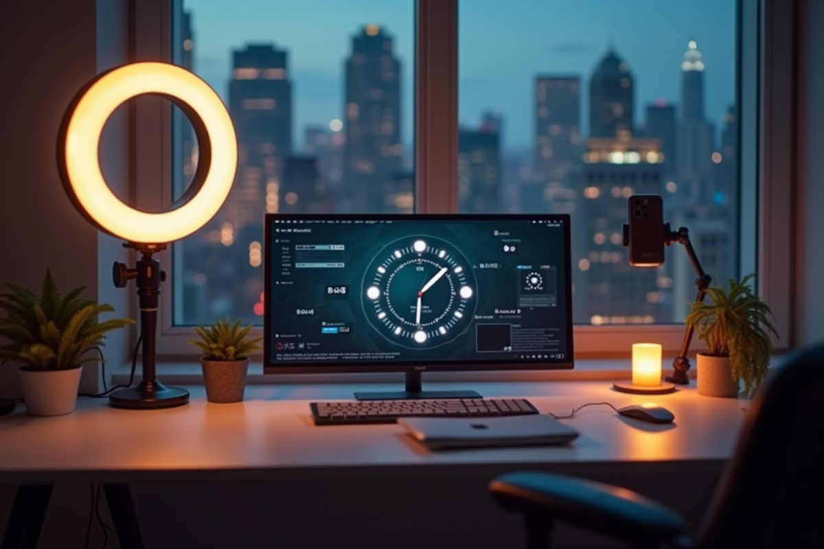 Horloge indiquant 19h avec accessoires de réseaux sociaux en soirée