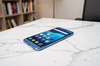 Huawei P10 Lite posé sur un bureau en marbre blanc, écran allumé montrant l'interface Android, vue en plongée style guide d'achat