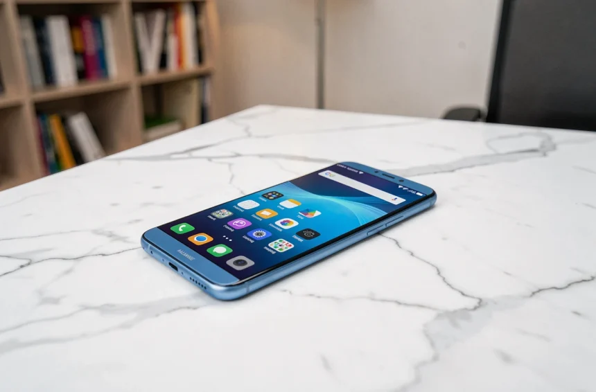 Huawei P10 Lite posé sur un bureau en marbre blanc, écran allumé montrant l'interface Android, vue en plongée style guide d'achat