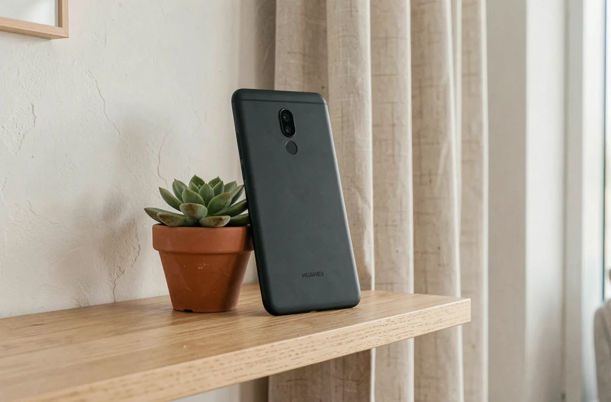 Huawei P10 Lite en position verticale contre une plante verte sur une étagère en bois, design et double caméra Leica mis en valeur