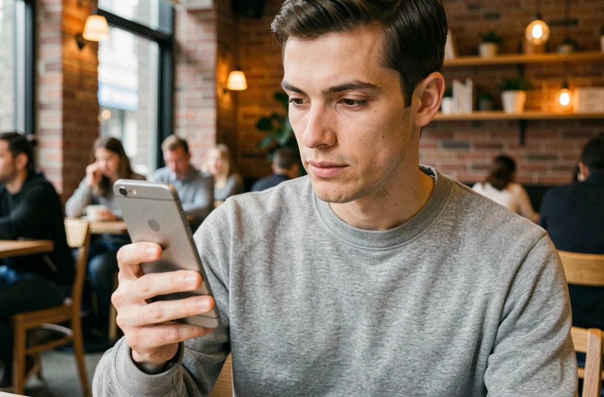 Jeune homme tenant un Huawei P10 Lite dans un café moderne, usage quotidien du smartphone en situation réelle