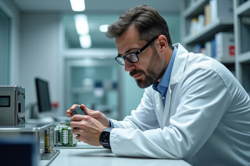 Ingénieur en microélectronique examinant une plaquette de semi-conducteur avec des bumps métalliques dans un laboratoire de conception de circuits intégrés