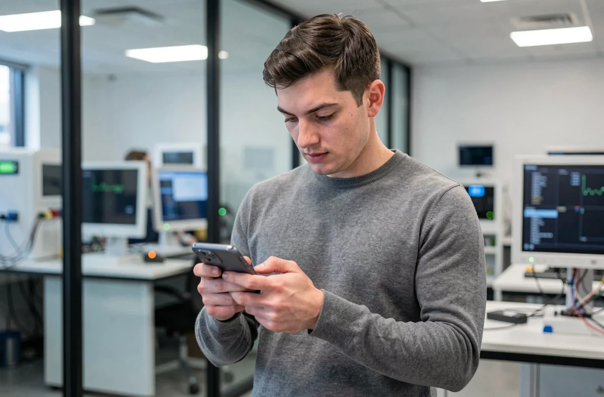 Ingénieur tenant un prototype de smartphone Tesla Model Pi dans un laboratoire technologique moderne