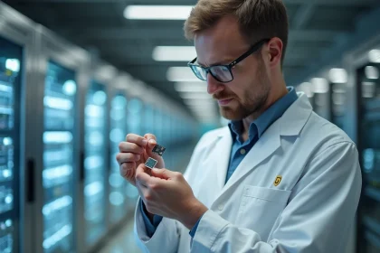 Ingénieur en blouse blanche tenant une puce quantique dans un laboratoire de calcul quantique moderne
