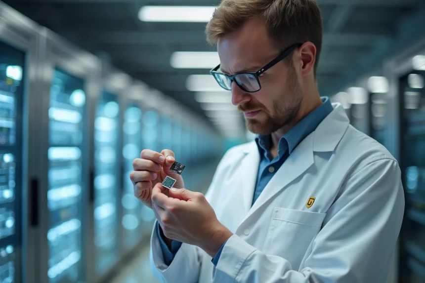 Ingénieur en blouse blanche tenant une puce quantique dans un laboratoire de calcul quantique moderne