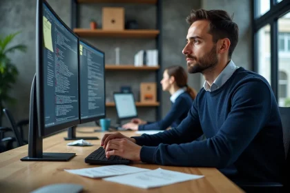 Ingénieur logiciel analysant des configurations de contrôle d'accès RBAC sur un écran de terminal dans un bureau tech moderne