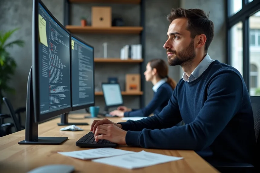 Ingénieur logiciel analysant des configurations de contrôle d'accès RBAC sur un écran de terminal dans un bureau tech moderne