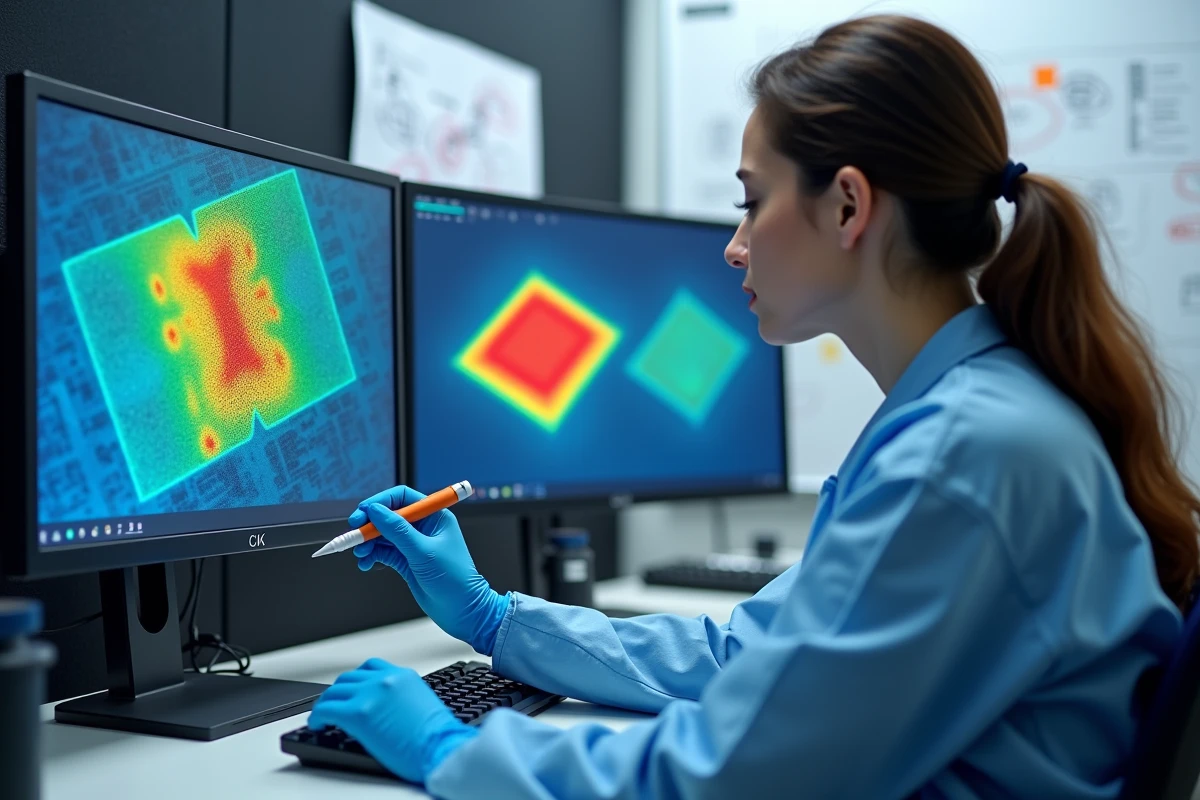 Ingénieure en fiabilité des semi-conducteurs analysant des cartographies de défauts sur des bumps flip-chip à son poste de travail en bureau technique