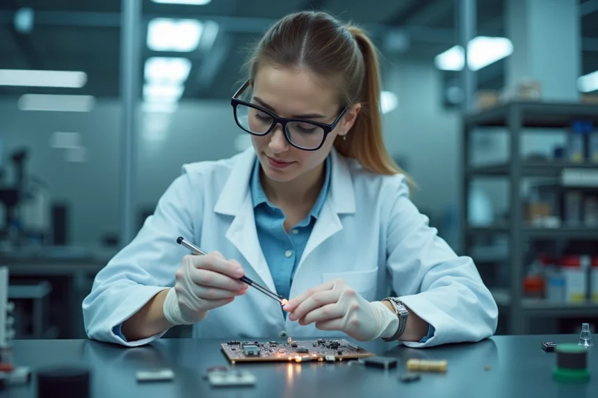 Ingénieure en laboratoire tenant une micropuce avec des pinces de précision, environnement de microélectronique moderne en 2026