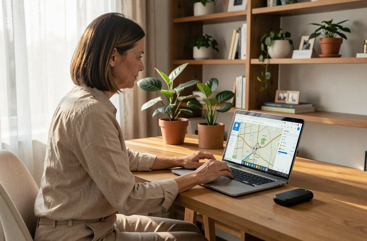 Femme consultant une interface de suivi GPS sur un ordinateur portable dans un bureau à domicile moderne