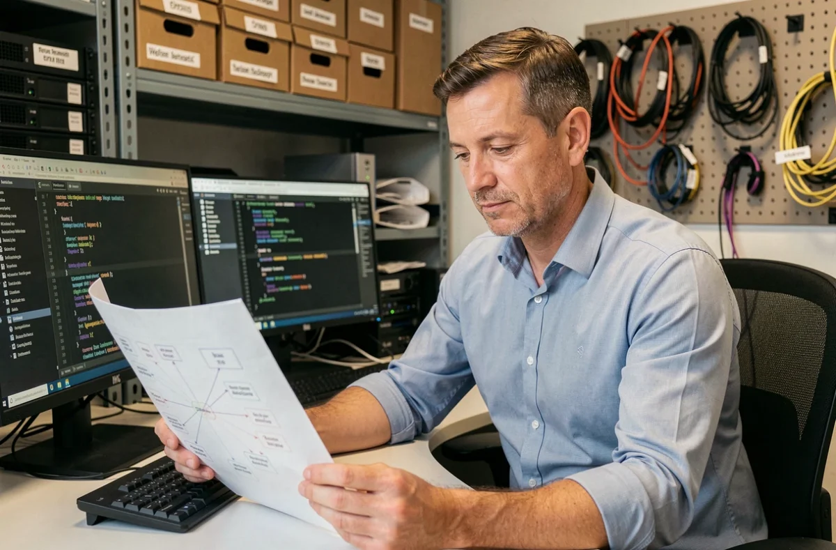 Ingénieur IRRIS Informatique analysant des schémas réseau devant ses écrans de travail