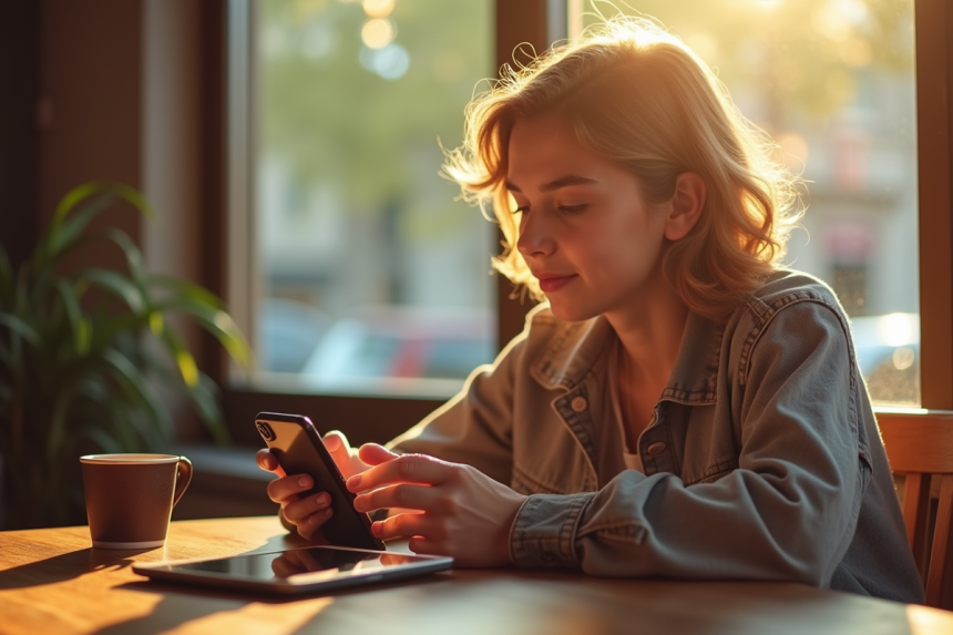Jeune adulte utilisant son smartphone dans un café en matinée