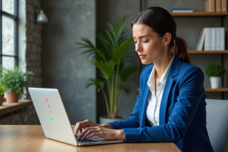 Jeune femme d'affaires analysant un diagramme de backlinks