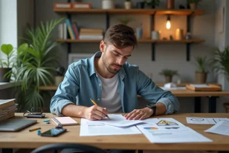 Jeune designer graphique esquissant un logo dans un studio moderne