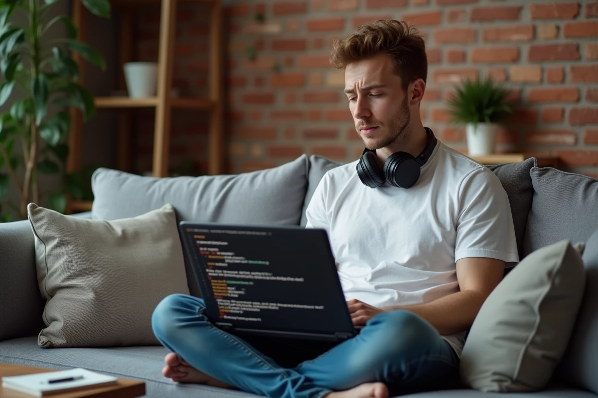 Jeune développeur frustré par une erreur de traceback Python sur les listes, assis sur un canapé avec son ordinateur portable