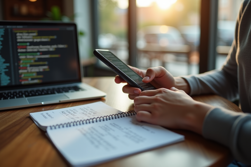 Jeune personne codant HTML sur smartphone au café