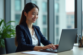 Jeune femme professionnelle travaillant sur un ordinateur en bureau