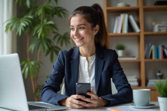 Jeune femme professionnelle travaillant sur son ordinateur dans un bureau moderne