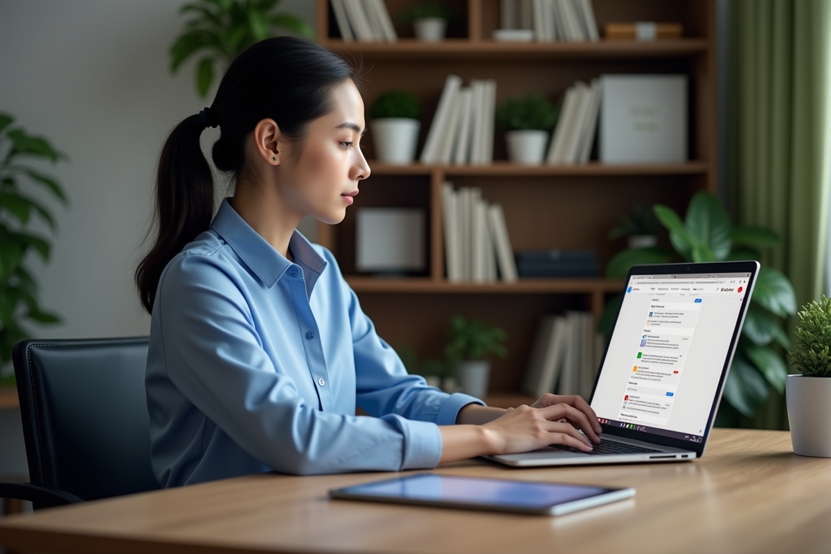 Jeune femme professionnelle travaillant sur son ordinateur dans un bureau moderne