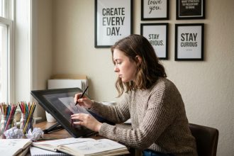 Jeune femme en sweater dessinant sur une tablette numérique