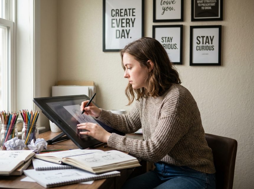 Jeune femme en sweater dessinant sur une tablette numérique