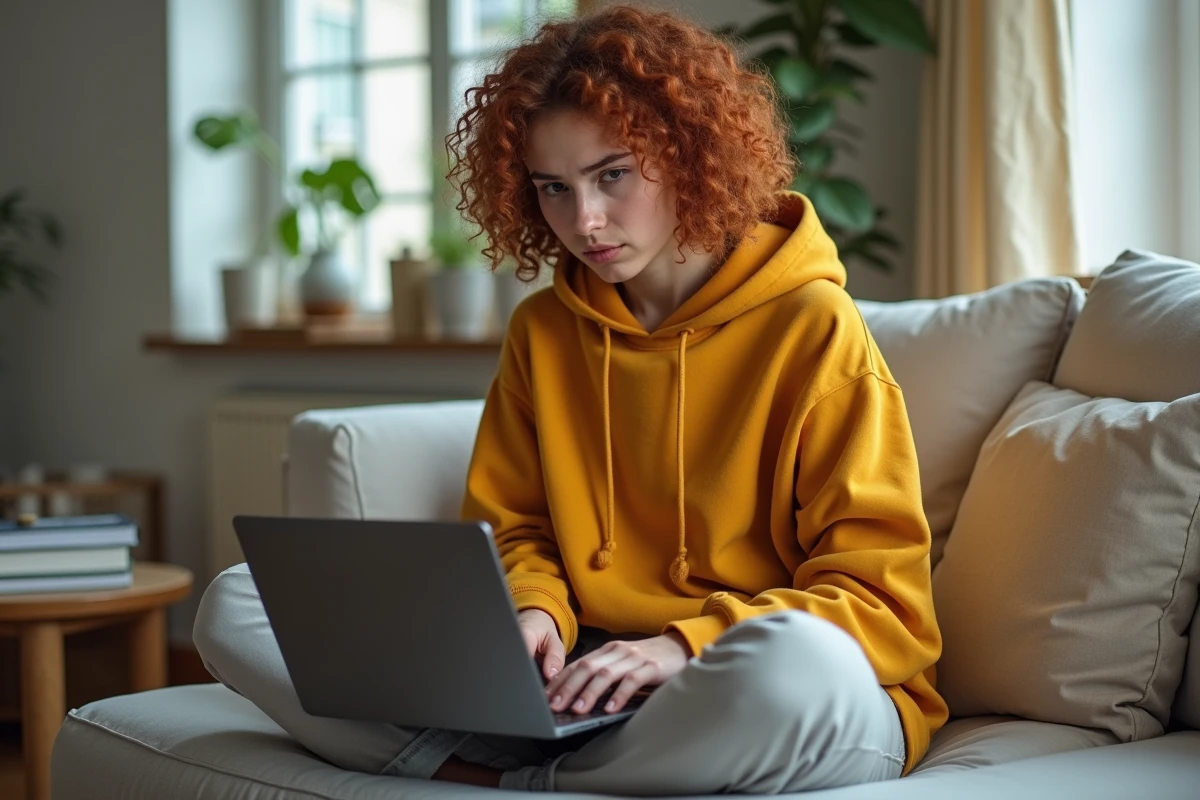 Jeune femme cherchant comment taper un caractère accentué sur son ordinateur portable depuis son canapé
