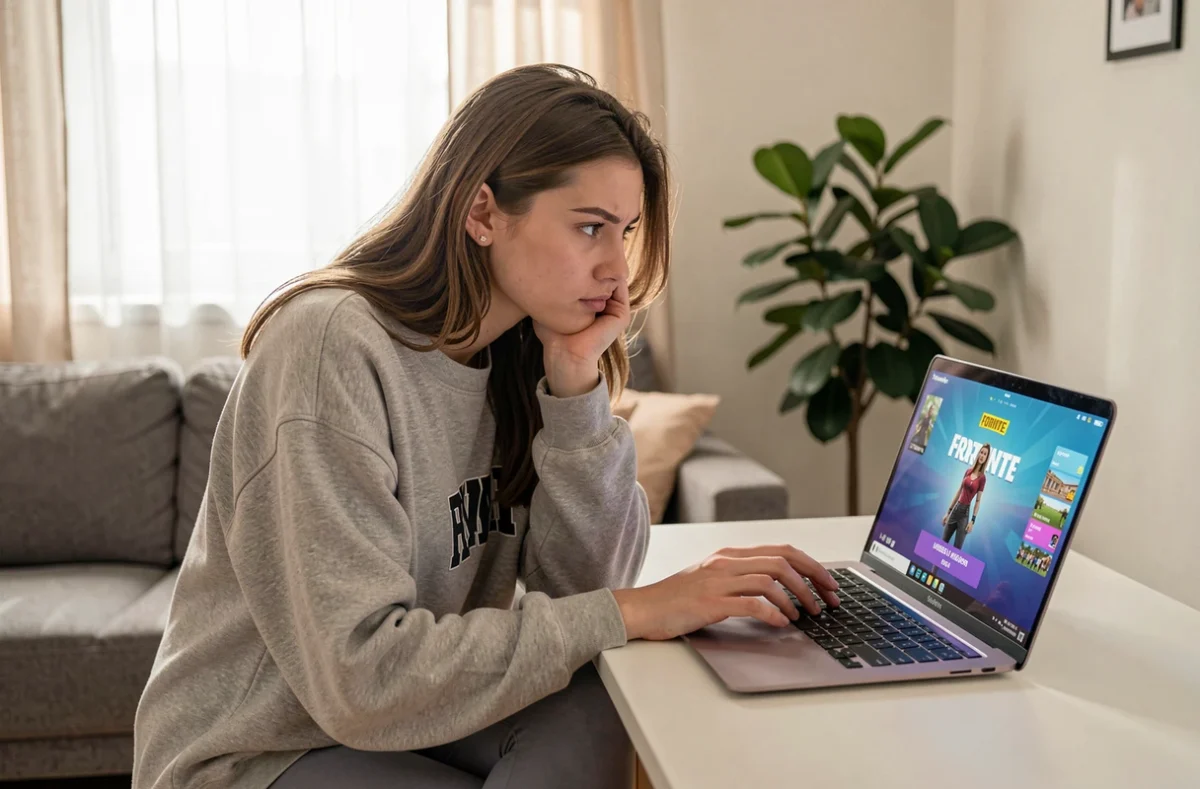Jeune femme patientant devant un problème de connexion Fortnite sur ordinateur portable