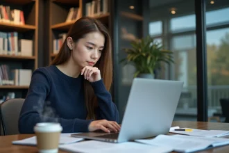 Jeune femme examine un diagramme quantique sur son ordinateur