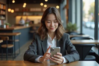 Jeune femme utilisant l'application MyGES dans un café urbain