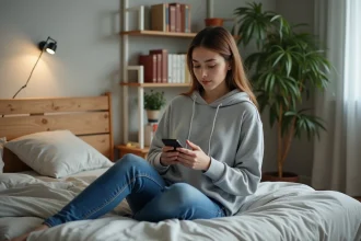 Jeune femme concentrée sur son smartphone dans une chambre cosy